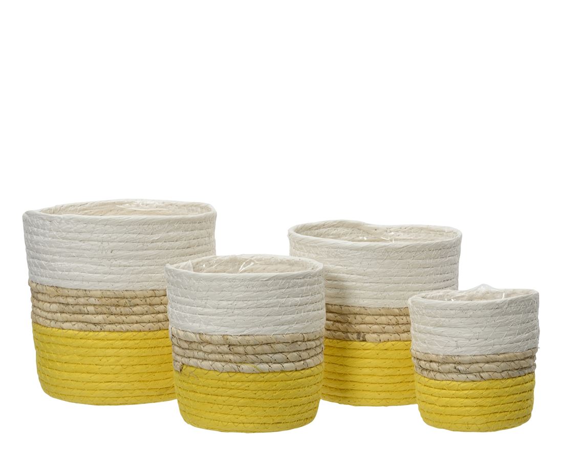 Cestos Corda Branco/Amarelo Conjunto 4 Peças 12/14/16/18cm