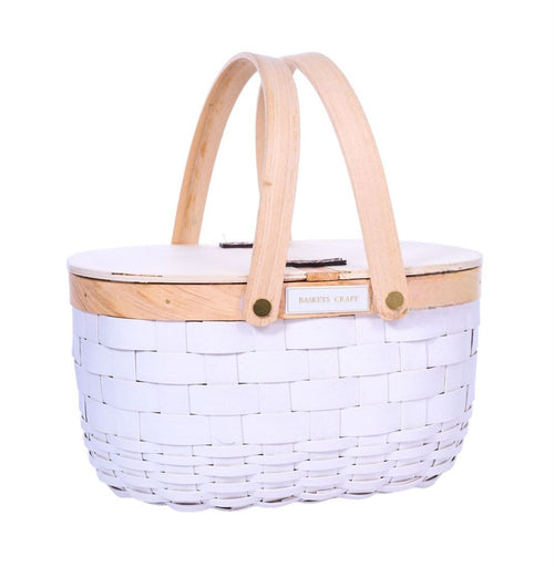 Cesto Vime Oval Branco c/Asa & Tampas 28x26cm