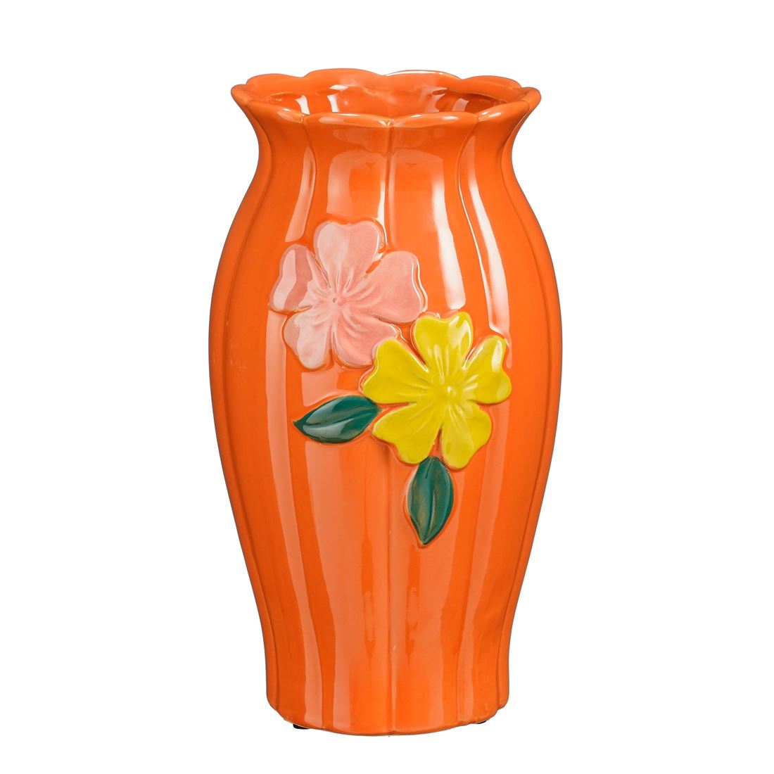 Vaso Cerâmico Cali Laranja c/Flor Embutida 26cm