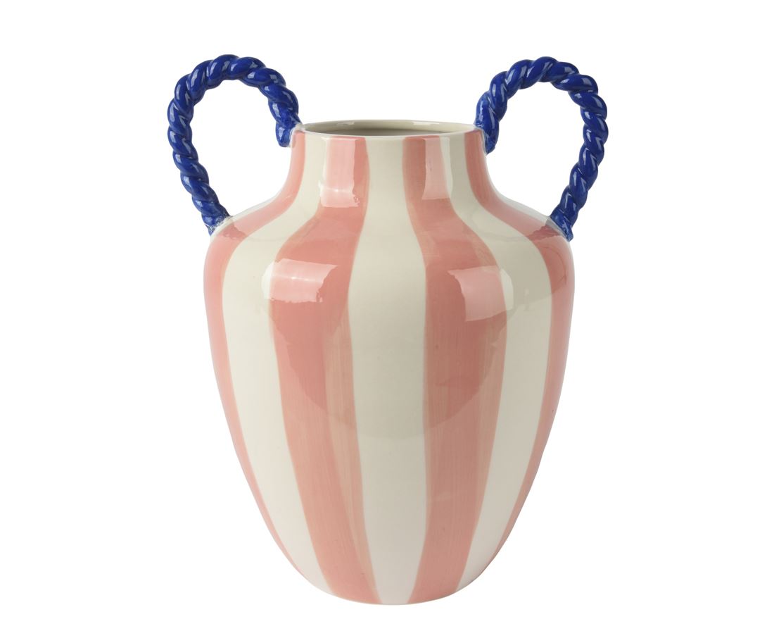 Vaso Cerâmico Rosa/Branco c/Alças Azuis 23x32.5cm