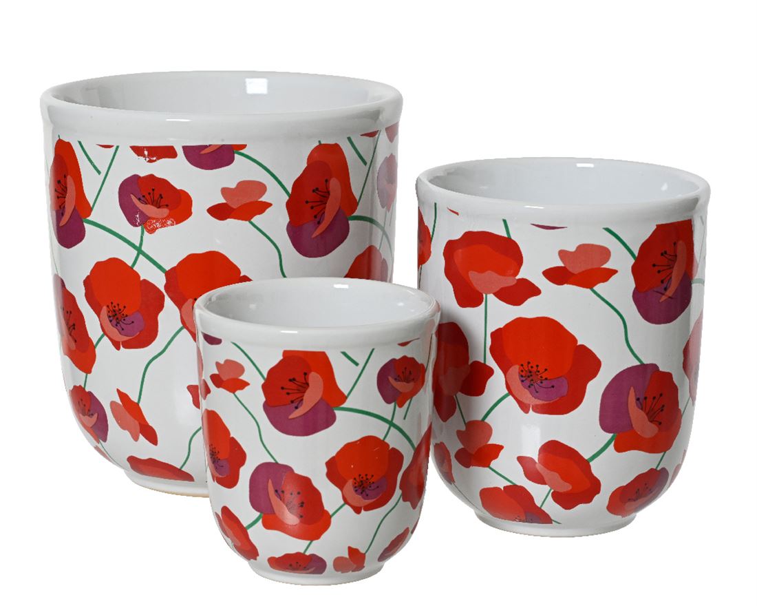 Floreiras Cerâmica Branco c/Tulipas Vermelhas 3pc