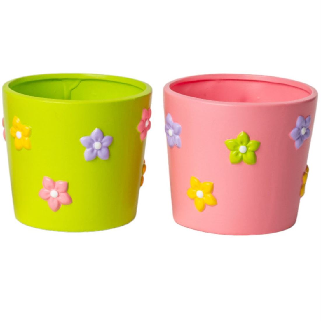 Vaso Cerâmico c/Flor Embutida Verde/Rosa 13cm