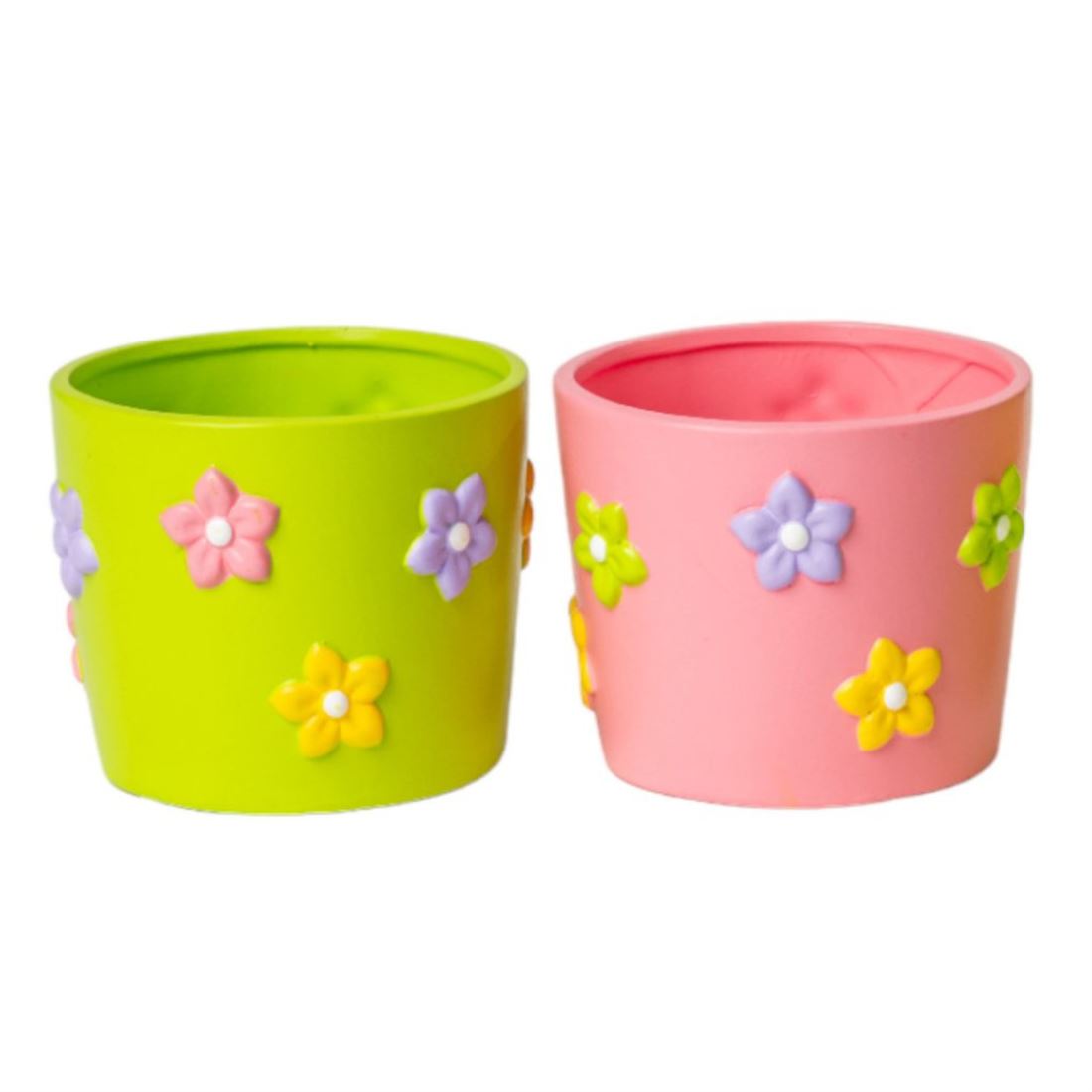 Vaso Cerâmico c/Flor Embutida Verde/Rosa 10cm