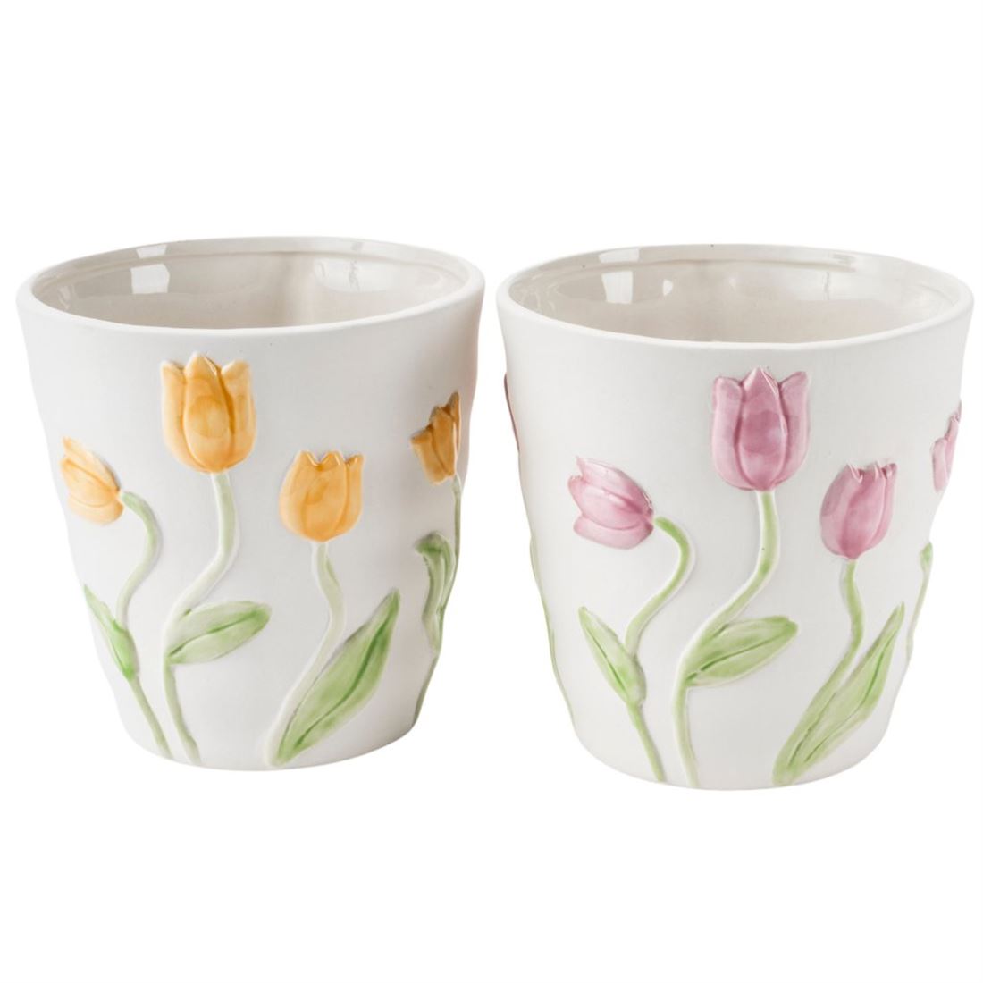 Floreira Cerâmica c/Tulipas Desenhadas Sortido 19cm