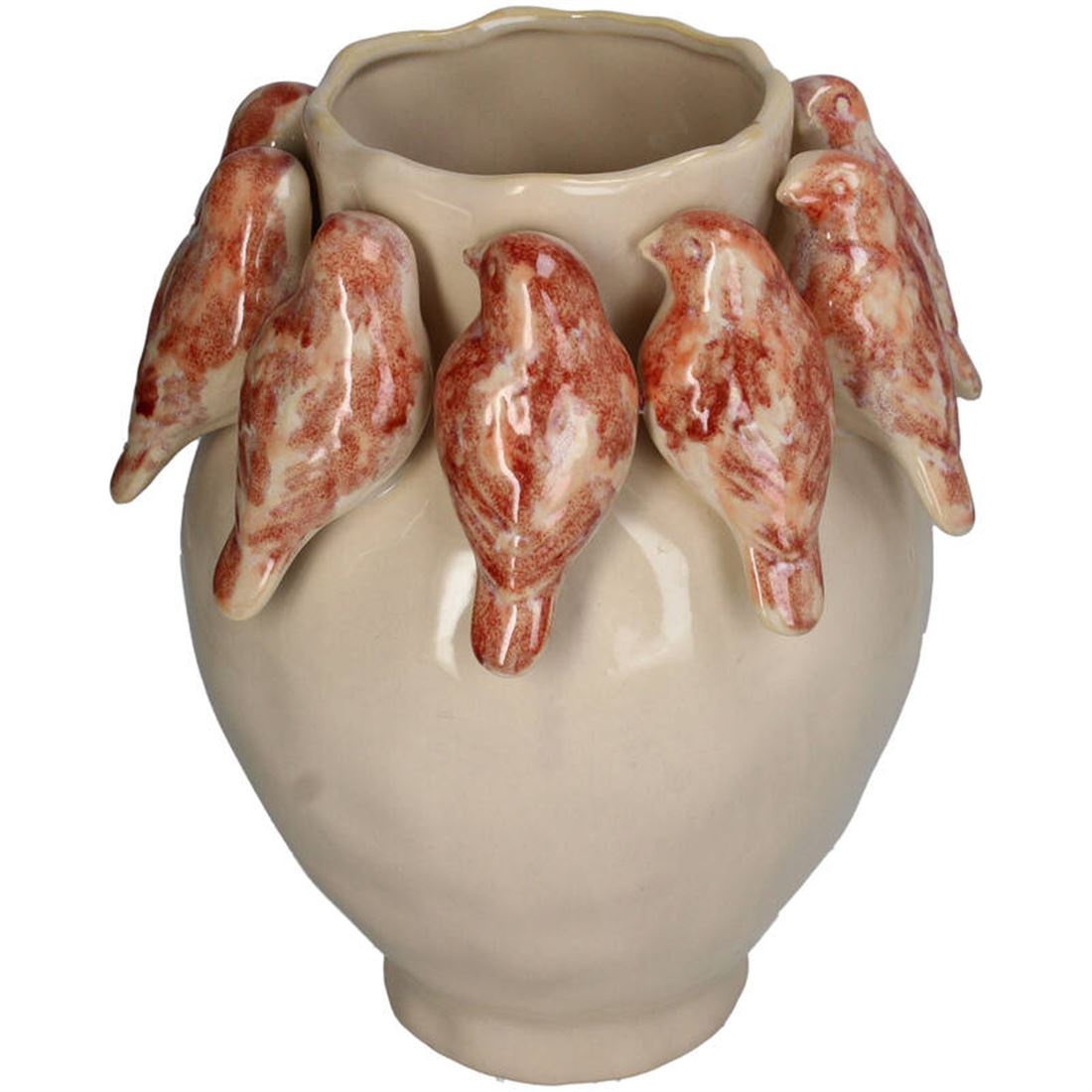 Vaso Cerâmica Bege c/Pássaros Embutidos 28x23cm
