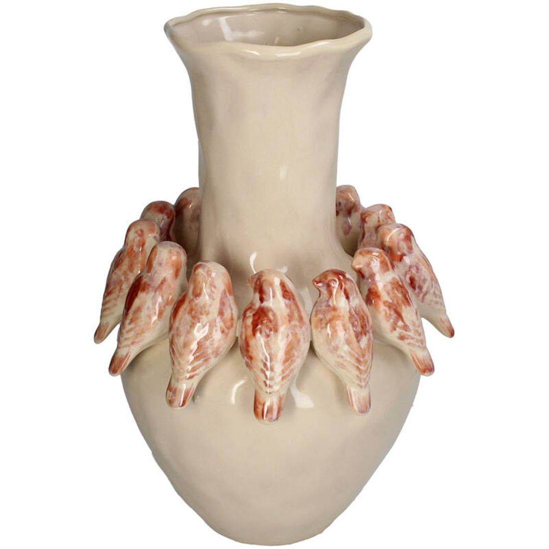 Jarra Cerâmica Bege c/Pássaros Embutidos 41x28cm