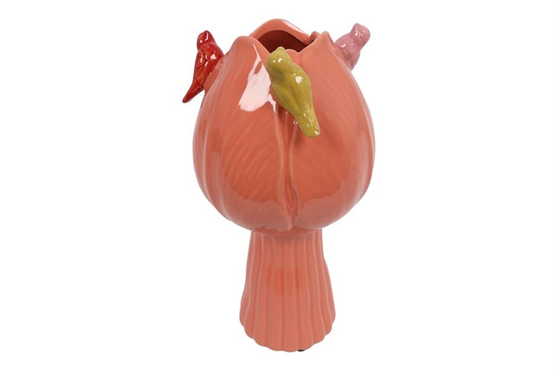 Jarra Tulipa Salmão c/Pássaros 21cm