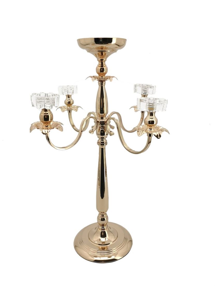 Candelabro Metal Ouro c/Copos Cristais Conjunto 5 Peças 49x71cm