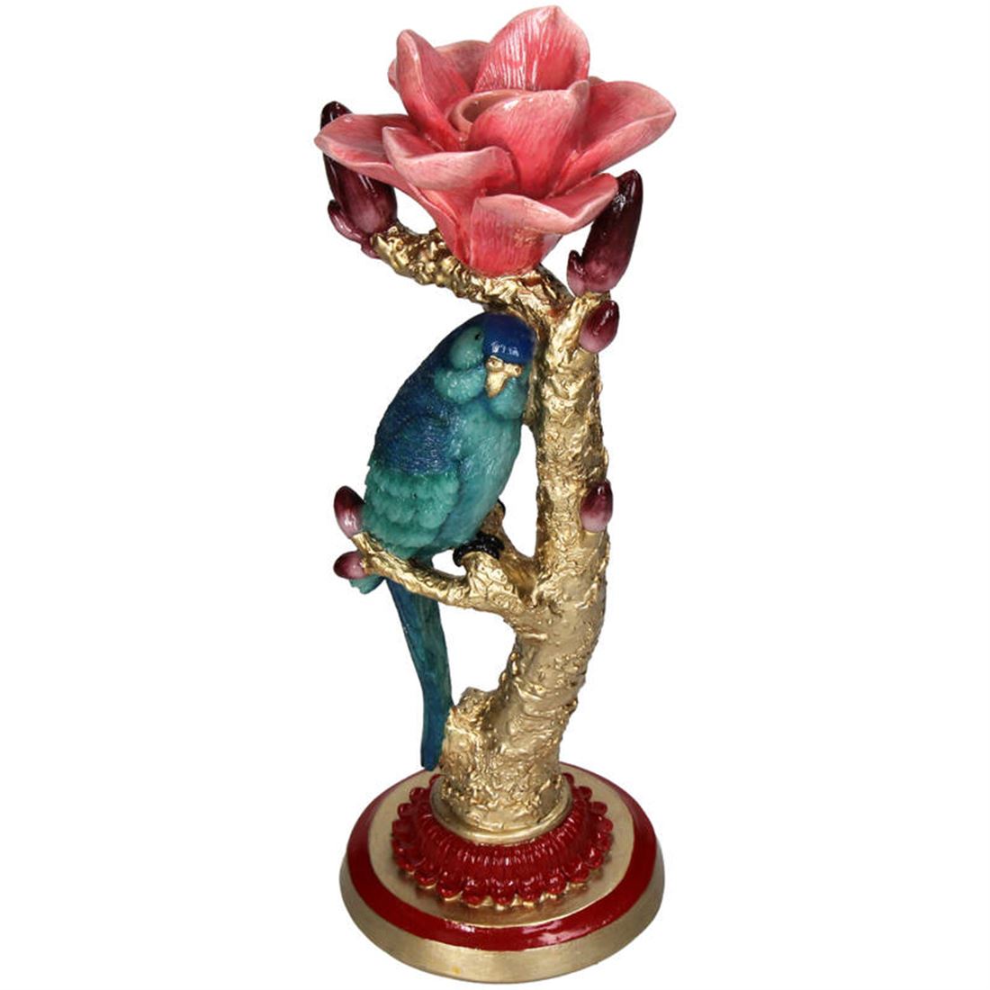 Candelabro Haste Dourada c/Flor & Pássaro 27x10cm