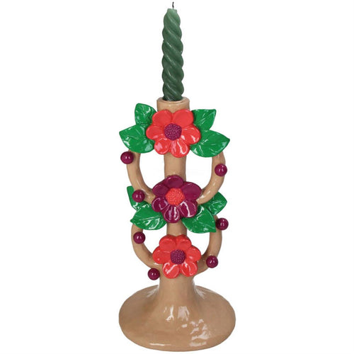 Candelabro Bege c/Flores Embutidas 30x16cm