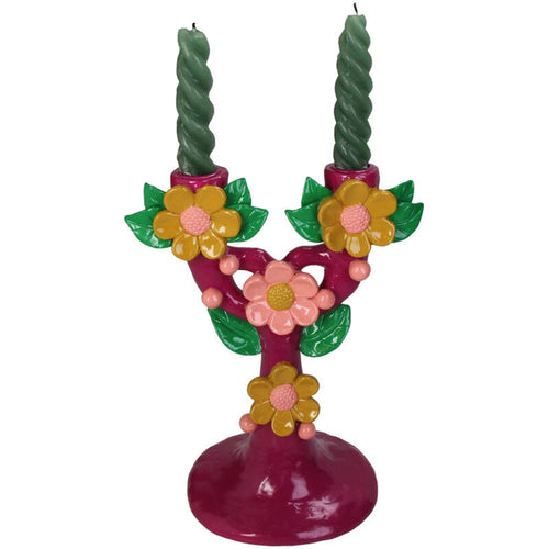 Candelabro Vermelho x2 c/Flores Embutidas 26x20cm