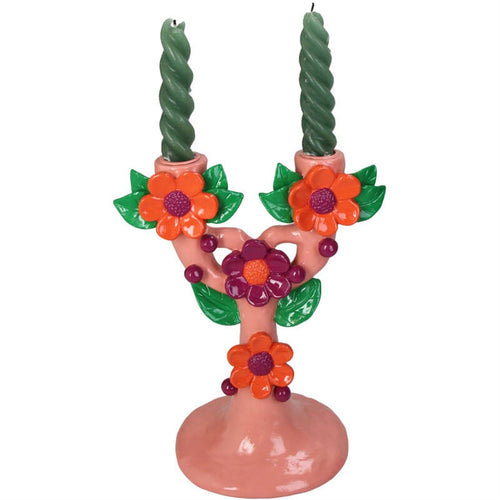 Candelabro Rosa x2 c/Flores Embutidas 26x20cm